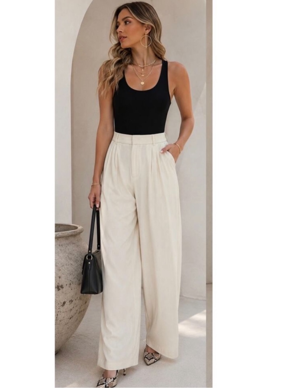 MAX STUDIO Quiet Luxury Wide Leg Pants Gold Earring Bundle